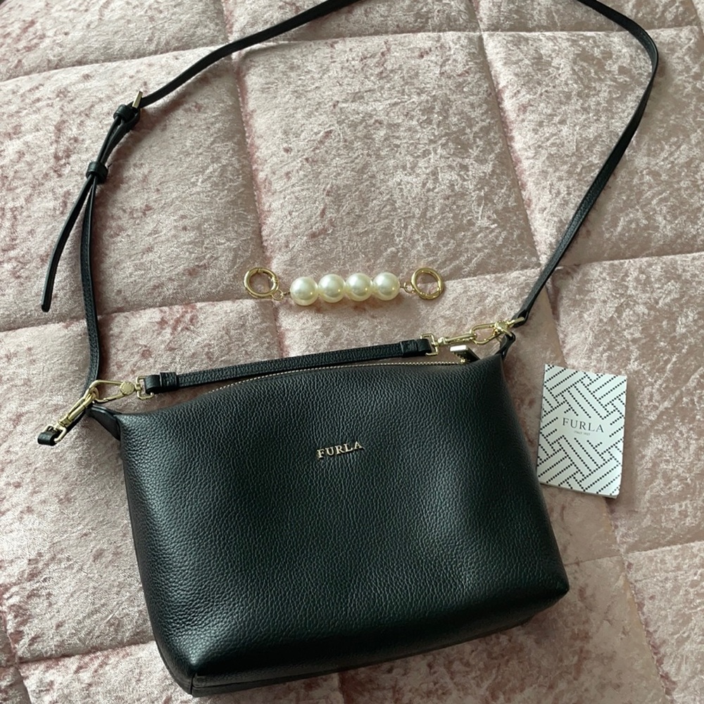 FURLA black leather crossbody bag with top handle